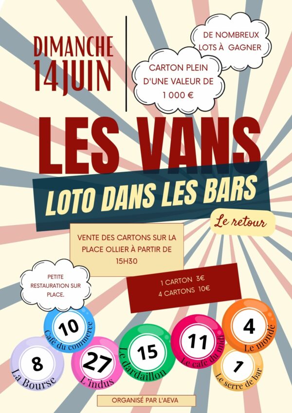 Le Grand Loto de l&rsquo;AEVA fait son retour… dans les bars aux Vans le 14 juin 2026